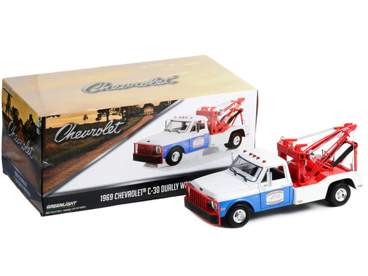 1969 Chevrolet C-30 Dually Wrecker Tow Truck White and Blue COOTER "Hazzard County Garage" 1/18 Diecast Model Car by Greenlight