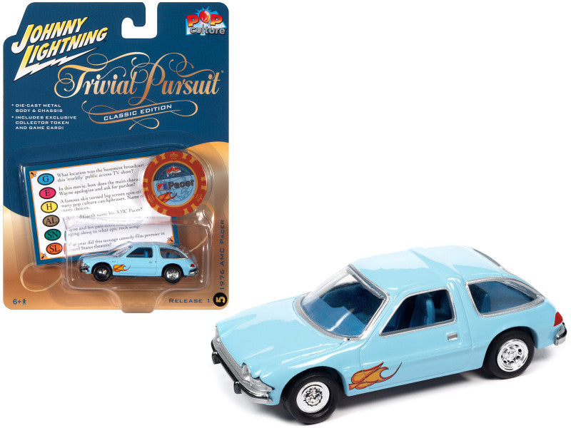 1976 AMC Pacer, WAYNES WORLD, Light Blue with Flames with Poker Chip and Game Card "Trivial Pursuit" "Pop Culture" 2023 Release 1 1/64 Diecast Model Car by Johnny Lightning