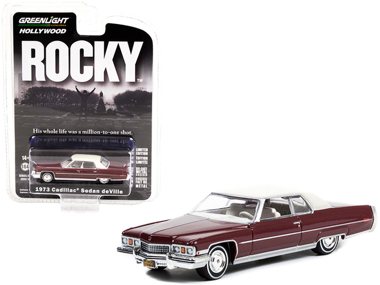 1973 Cadillac Sedan DeVille Burgundy with White Top "Rocky" (1976) Movie "Hollywood Series" Release 35 1/64 Diecast Model Car by Greenlight