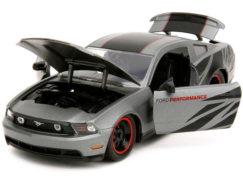 2010 Ford Mustang GT Matt Gray Metallic with Black Graphics and Stripes "Ford Performance" "Bigtime Muscle" Series 1/24 Diecast Model Car by Jada