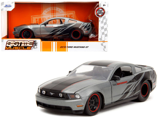 2010 Ford Mustang GT Matt Gray Metallic with Black Graphics and Stripes "Ford Performance" "Bigtime Muscle" Series 1/24 Diecast Model Car by Jada