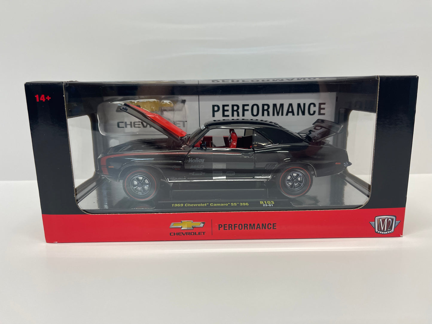 *CHASE* 1969 Chevrolet Camaro SS 396 Black with Bright Red Stripes Limited Edition Worldwide 1/24 Diecast Model Car by M2 Machines