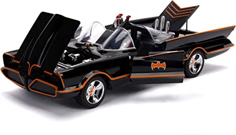 Classic TV Series Batmobile with Working Lights, and Diecast Batman and Robin Figures "80 Years of Batman" 1/18 Diecast Model Car by Jada