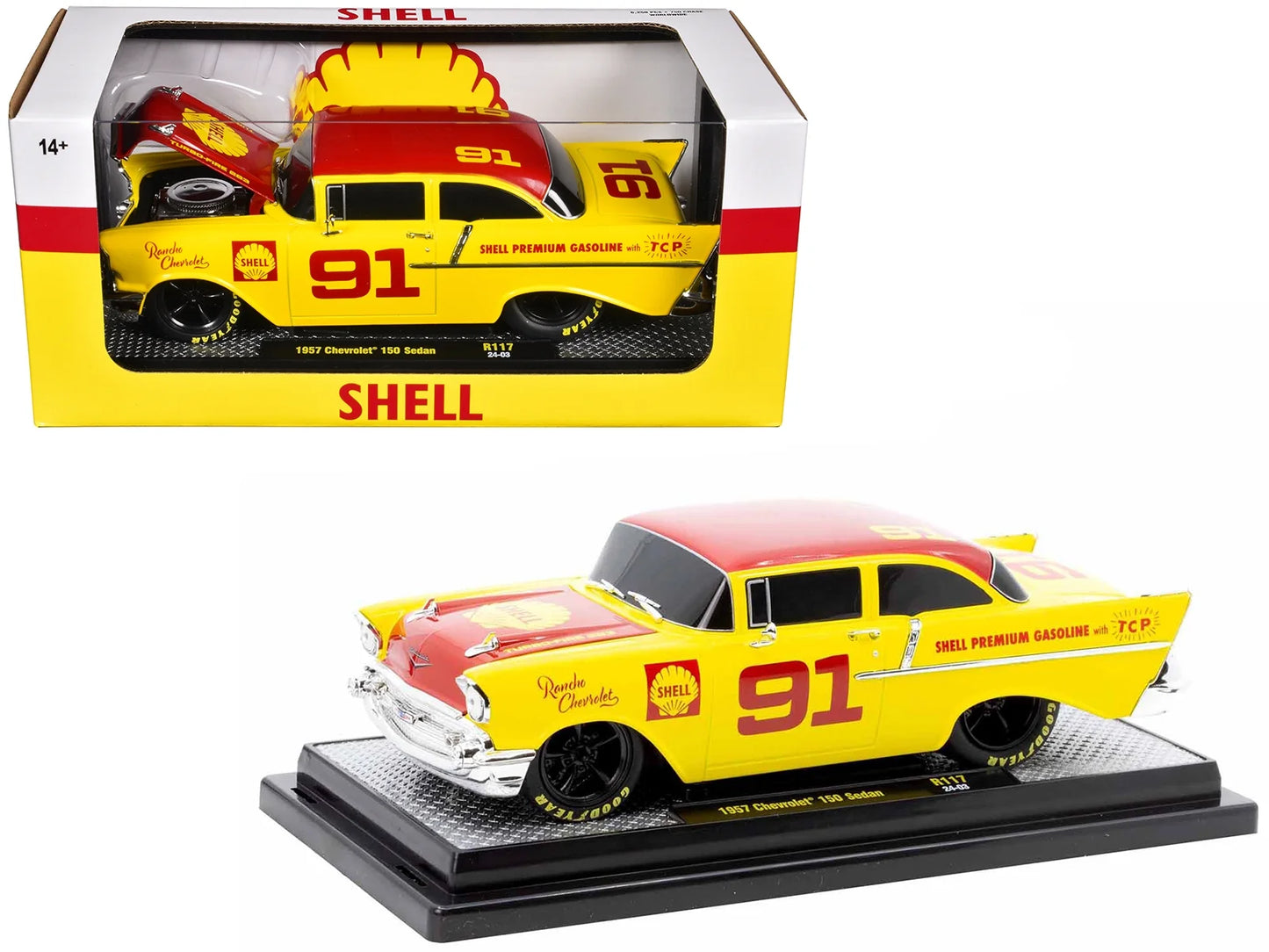 1957 Chevrolet 150 Sedan #91 Yellow with Red Hood and Top "Shell Oil" Ltd Ed to 6250 pcs 1/24 Diecast Model Car by M2 Machines