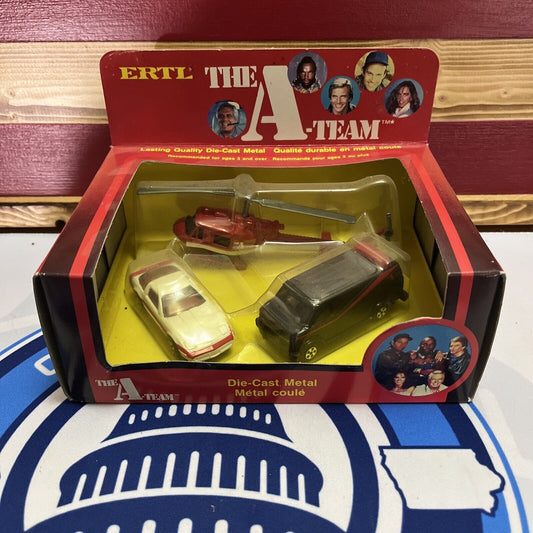 VINTAGE 1983 ERTL THE A TEAM Diecast GMC Van, Helicopter & Corvette 3 Pack #1415