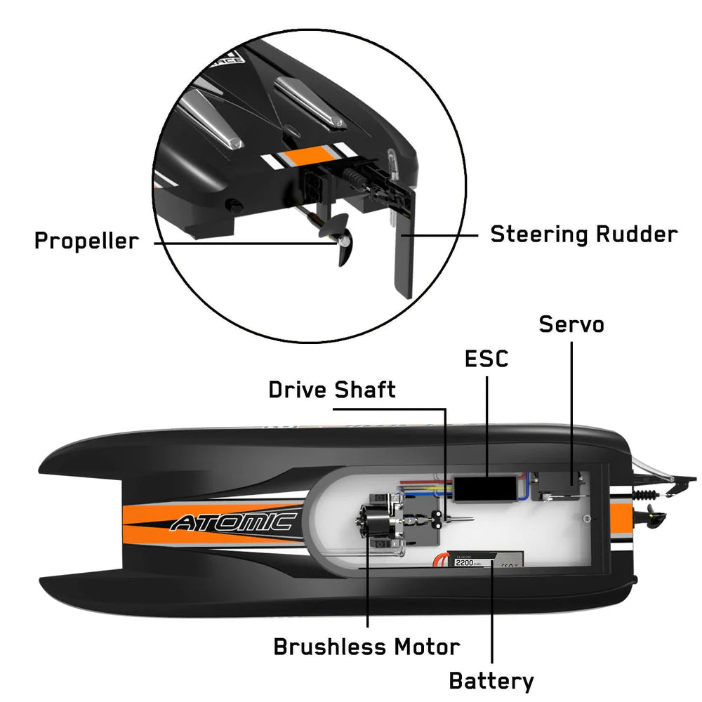 VOLANTEXRC Brushless Atomic 40mph High-Speed RC Boat with ABS Unibody Hull Ready-to-Run (792-6 Black) RTR