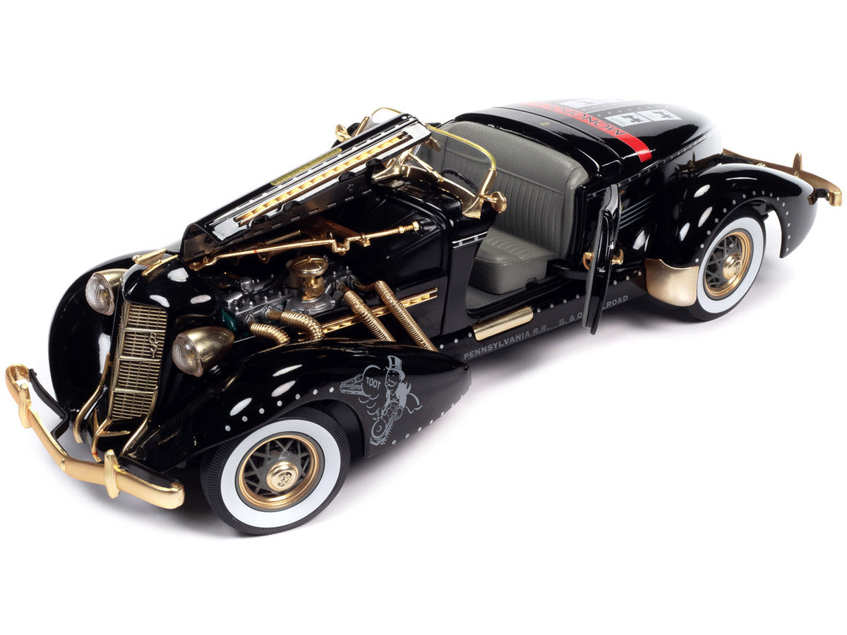 1935 Auburn 851 Speedster Black with "Monopoly" Graphics and Mr. Monopoly Resin Figure 1/18 Diecast Model Car by Auto World