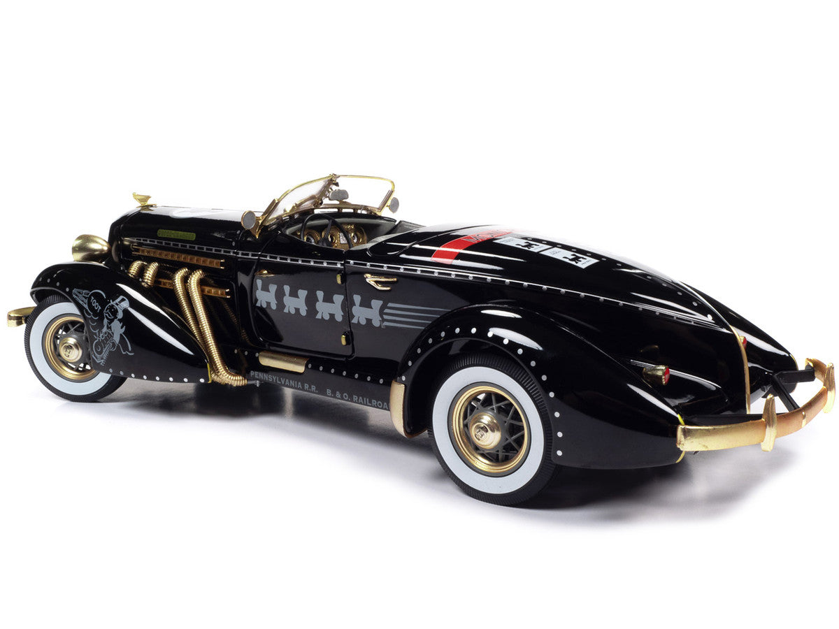 1935 Auburn 851 Speedster Black with "Monopoly" Graphics and Mr. Monopoly Resin Figure 1/18 Diecast Model Car by Auto World