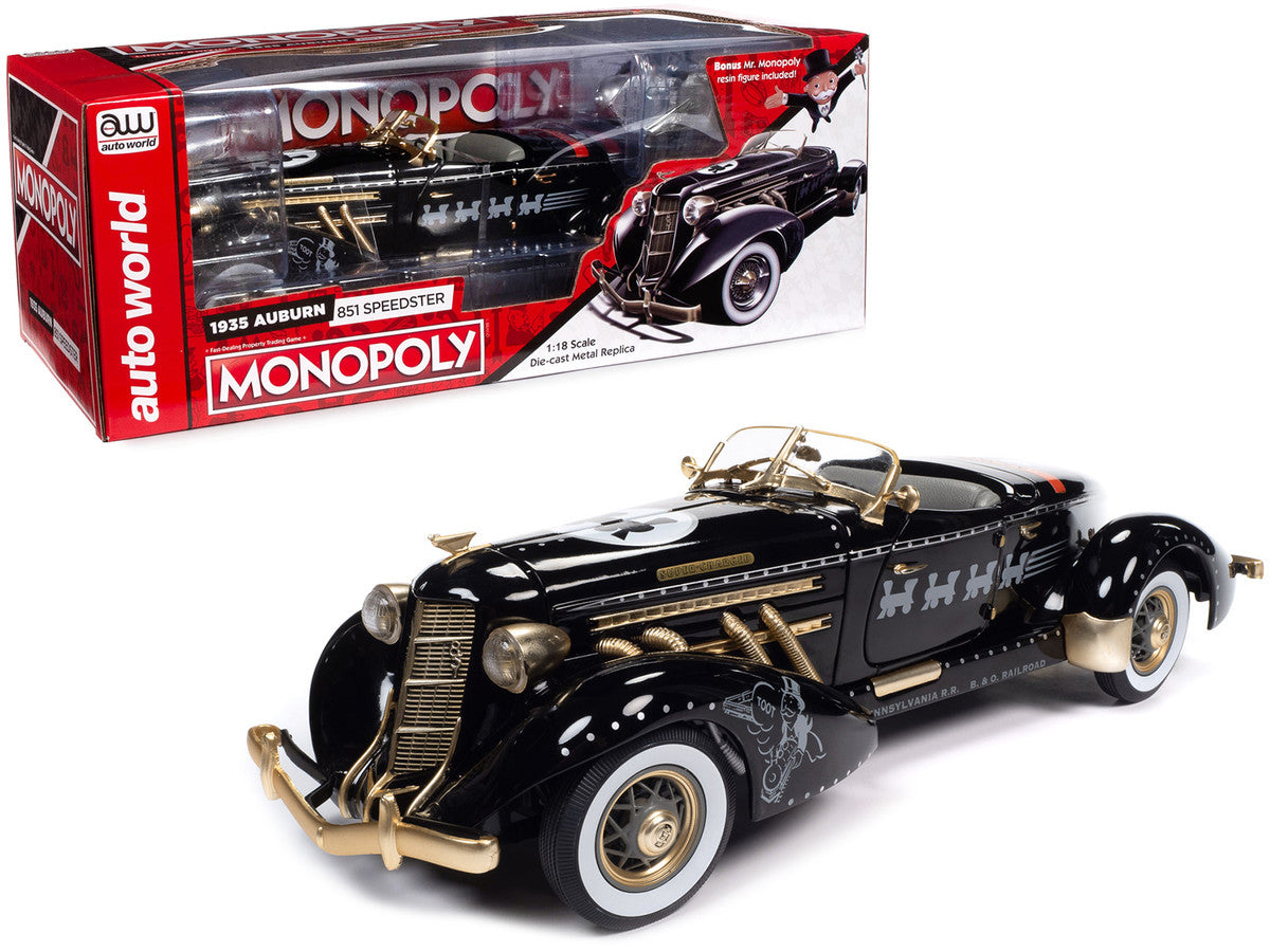 1935 Auburn 851 Speedster Black with "Monopoly" Graphics and Mr. Monopoly Resin Figure 1/18 Diecast Model Car by Auto World