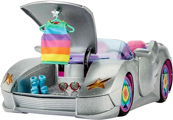 Barbie Extra Toy Car with Fashion Accessories & Puppy, Sparkly Silver 2-Seater Convertible with Hood Storage & Pet Pool