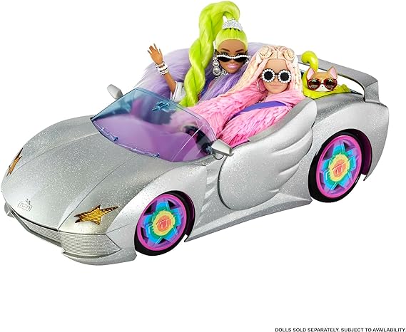 Barbie Extra Toy Car with Fashion Accessories & Puppy, Sparkly Silver 2-Seater Convertible with Hood Storage & Pet Pool