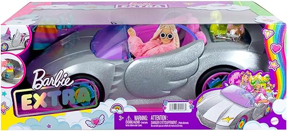 Barbie Extra Toy Car with Fashion Accessories & Puppy, Sparkly Silver 2-Seater Convertible with Hood Storage & Pet Pool