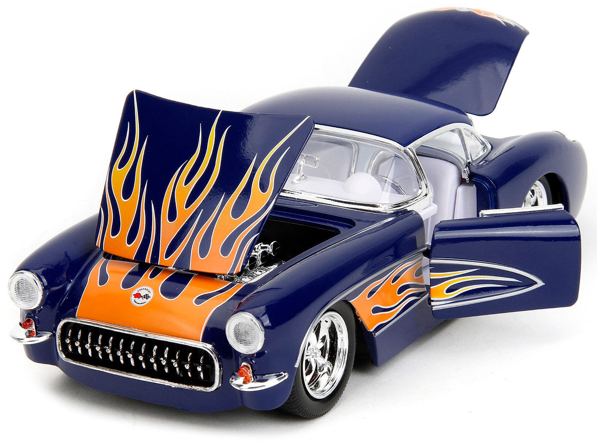 1957 Chevrolet Corvette Dark Blue with Flame Graphics and White Interior "Bigtime Muscle" Series 1/24 Diecast Model Car by Jada