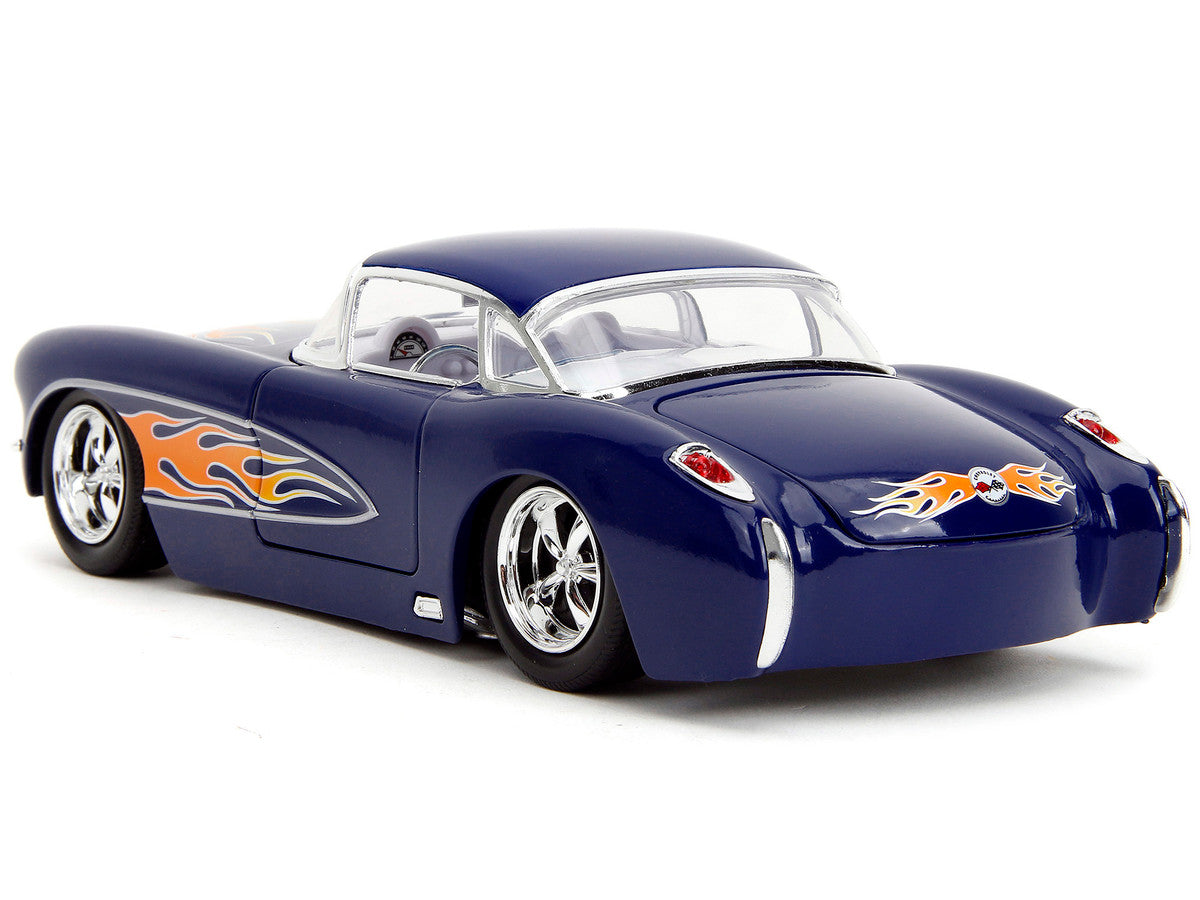 1957 Chevrolet Corvette Dark Blue with Flame Graphics and White Interior "Bigtime Muscle" Series 1/24 Diecast Model Car by Jada