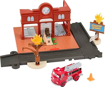 Disney and Pixar’s Cars Toys, Red’s Fire Station Playset with Toy Fire Truck and Kid-Activated Action, Cars On The Road