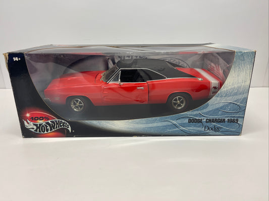 100% HOT WHEELS 1969 DODGE CHARGER R/T RED Scale 1:18 DIECAST