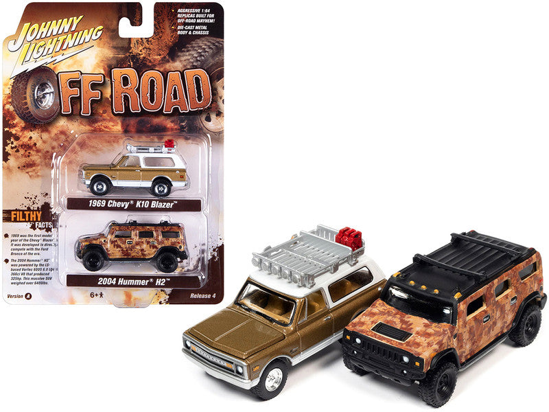 Johnny Lightning: 1969 Chevrolet K10 Blazer Gold Metallic and 2004 Hummer H2 Brown Camouflage "Off Road" Set of 2 Cars 1/64 DIECAST MODEL