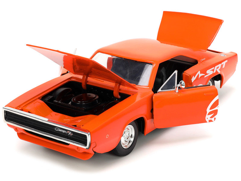 1968 Dodge Charger R/T SRT Orange with White Stripes and Graphics "Bigtime Muscle" Series 1/24 Diecast Model Car by Jada