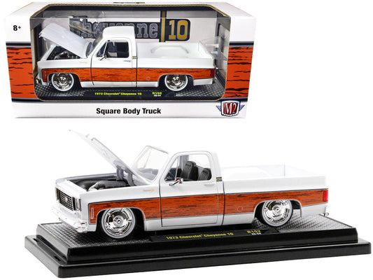 1973 Chevrolet Cheyenne 10 Pickup Truck Bright White with Woodgrain Stripes Limited Edition to 9450 pieces Worldwide 1/24 Diecast Model Car by M2 Machines