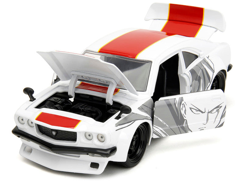 1974 Mazda RX-3 White with Red Stripe and Graphics and Saitama Diecast Figure "One Punch Man" (2015-2019) TV Series 1/24 Diecast Model Car by Jada