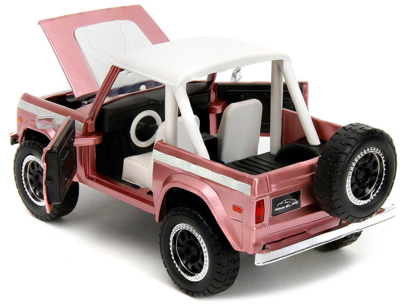 1973 Ford Bronco Pink Metallic with White Top and Graphics "Pink Slips" Series 1/24 Diecast Model Car by Jada