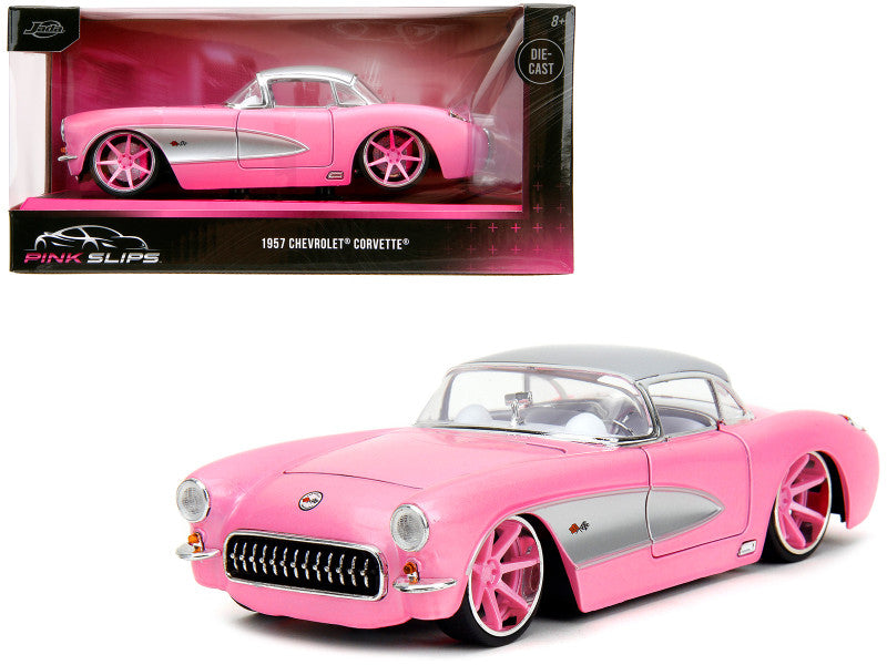 1957 Chevrolet Corvette Pink Metallic with Silver Top and White Interior "Pink Slips" Series 1/24 Diecast Model Car by Jada