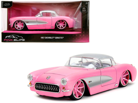 1957 Chevrolet Corvette Pink Metallic with Silver Top and White Interior "Pink Slips" Series 1/24 Diecast Model Car by Jada