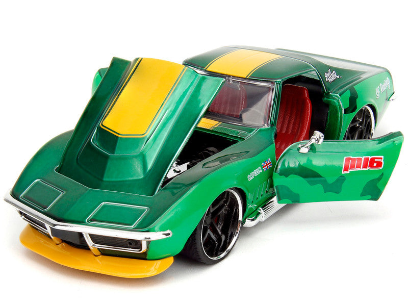 1969 Chevrolet Corvette Stingray ZL1 Green Metallic with Yellow Stripes and Cammy Diecast Figure "Street Fighter" Video Game "Anime Hollywood Rides" Series 1/24 Diecast Model Car by Jada