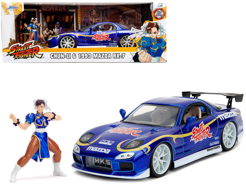 1993 Mazda RX-7 Candy Blue Metallic with Graphics and Chun-Li Diecast Figure "Street Fighter" Video Game "Anime Hollywood Rides" Series 1/24 Diecast Model Car by Jada