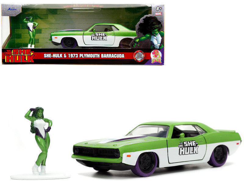 1973 Plymouth Barracuda Green Metallic and White and She-Hulk Diecast Figure "The Savage She-Hulk" "Hollywood Rides" Series 1/32 Diecast Model Car by Jada