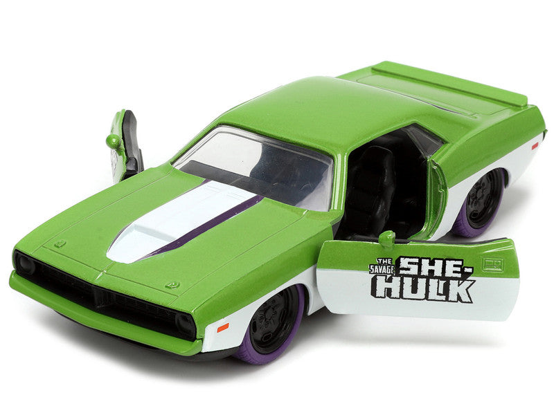 1973 Plymouth Barracuda Green Metallic and White and She-Hulk Diecast Figure "The Savage She-Hulk" "Hollywood Rides" Series 1/32 Diecast Model Car by Jada