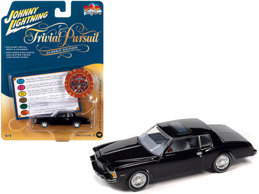 TRAINING DAY 1979 Chevrolet Monte Carlo Black with Poker Chip and Game Card "Trivial Pursuit" "Pop Culture" 2023 Release 2 1/64 Diecast Model Car by Johnny Lightning