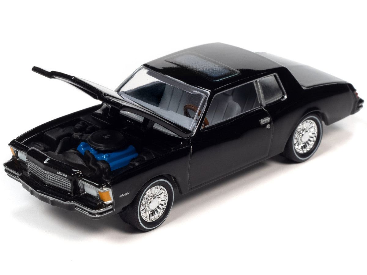 TRAINING DAY 1979 Chevrolet Monte Carlo Black with Poker Chip and Game Card "Trivial Pursuit" "Pop Culture" 2023 Release 2 1/64 Diecast Model Car by Johnny Lightning