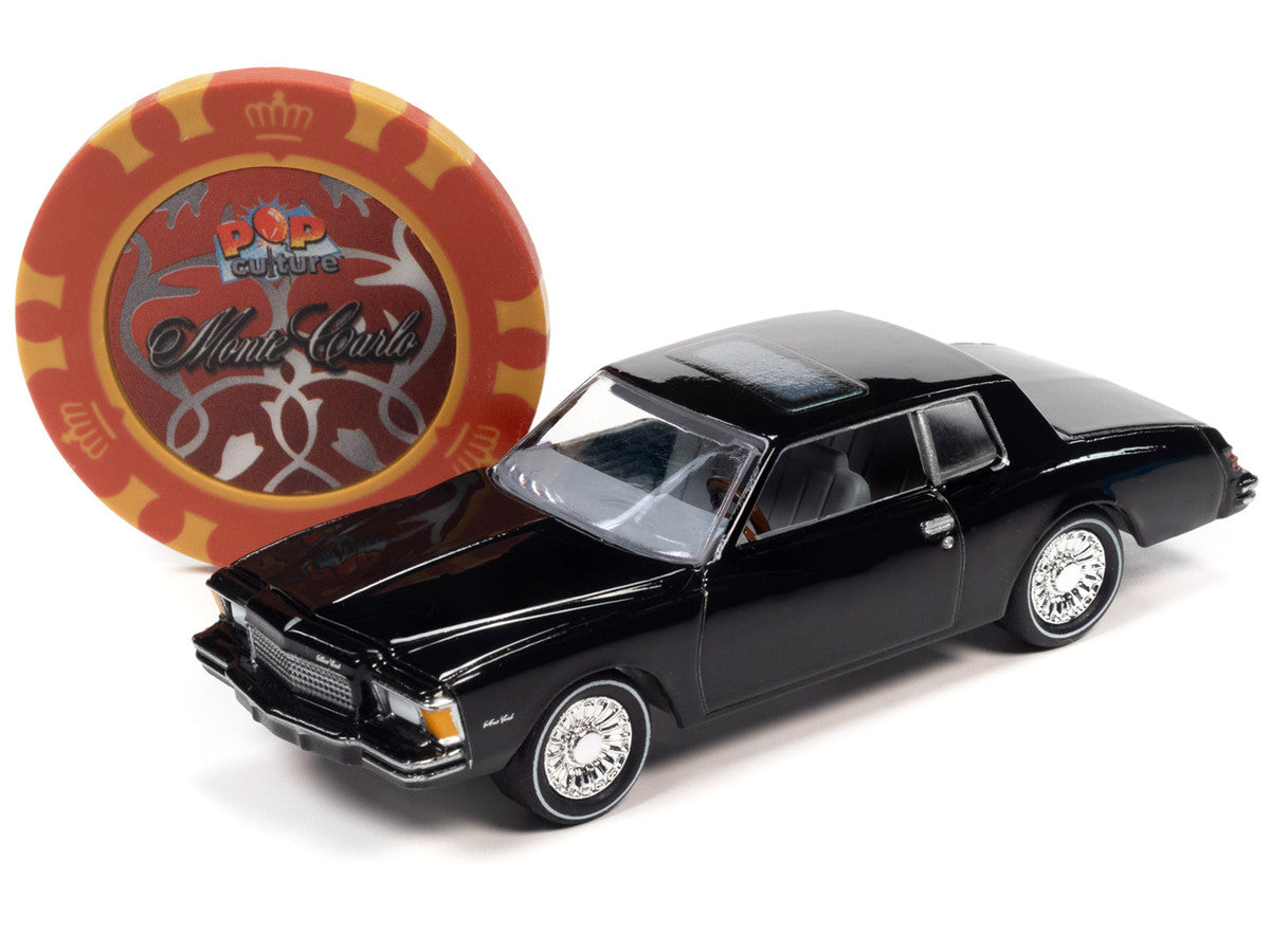 TRAINING DAY 1979 Chevrolet Monte Carlo Black with Poker Chip and Game Card "Trivial Pursuit" "Pop Culture" 2023 Release 2 1/64 Diecast Model Car by Johnny Lightning