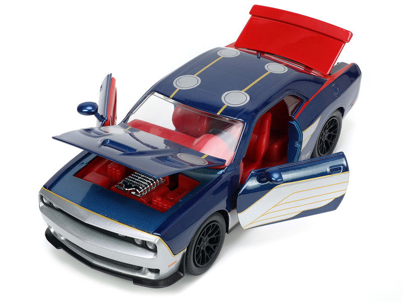 2015 Dodge Challenger SRT Hellcat Dark Blue with Graphics and Red Interior and Thor Diecast Figure "The Mighty Thor" "Marvel" Series 1/24 Diecast Model Car by Jada