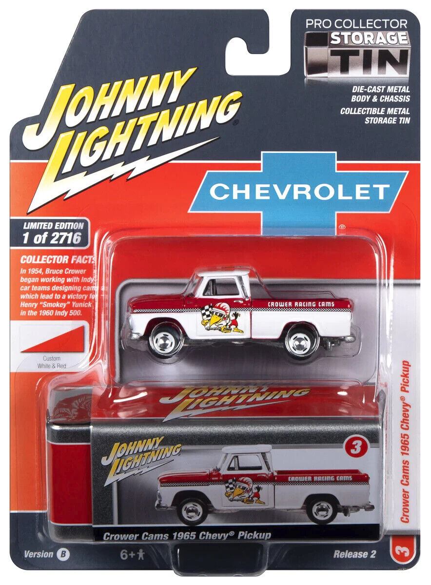 1965 Chevy Pickup White Red Crower Cams w Tin Johnny Lightning 1:64 Die-cast