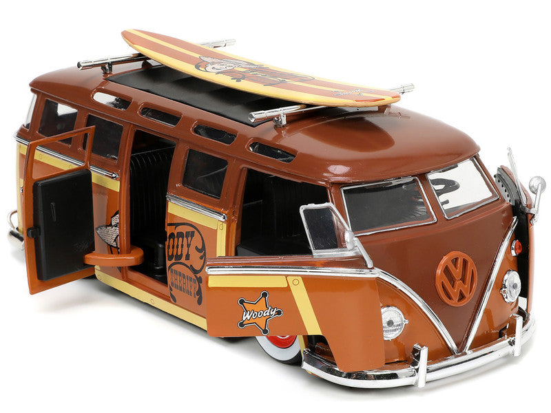 Volkswagen T1 Bus Brown with Graphics "Sheriff Woody" and Woody Diecast Figure and Surfboard "Toy Story" (1995) Movie "Hollywood Rides" Series 1/24 Diecast Model Car by Jada