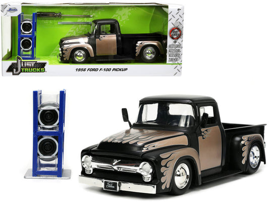 1956 Ford F-100 Pickup Truck Matt Black and Champagne with Flames with Extra Wheels "Just Trucks" Series 1/24 Diecast Model Car by Jada