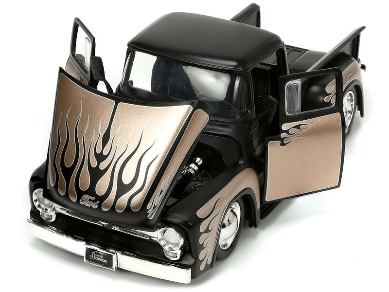 1956 Ford F-100 Pickup Truck Matt Black and Champagne with Flames with Extra Wheels "Just Trucks" Series 1/24 Diecast Model Car by Jada