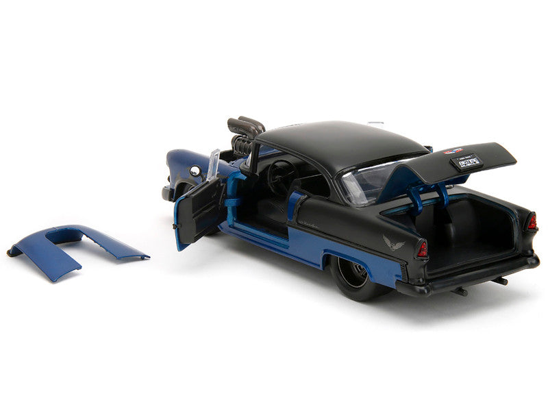 1955 Chevrolet Bel Air Blue Metallic and Black with Black Flames "Bigtime Muscle" Series 1/24 Diecast Model Car by Jada