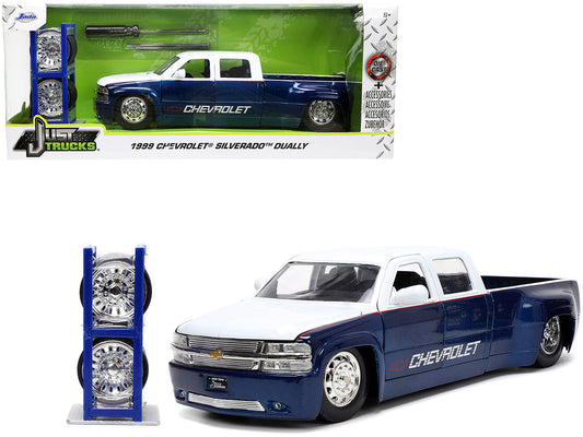 1999 Chevrolet Silverado Dually Pickup Truck Blue Metallic and White with Red Stripes with Extra Wheels "Just Trucks" Series 1/24 Diecast Model Car by Jada