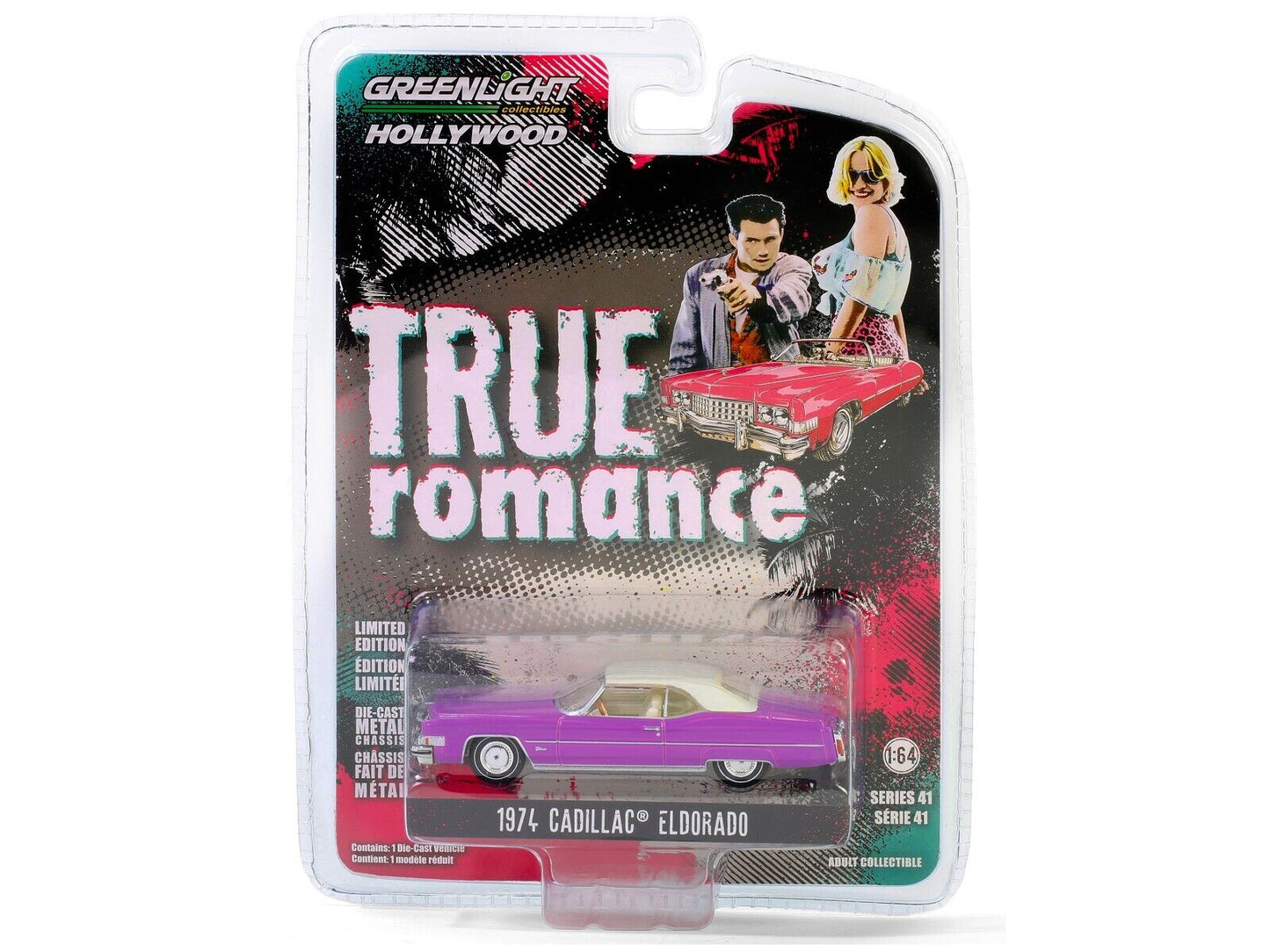 1974 CADILLAC ELDORADO HOT PINK "TRUE ROMANCE" (1993) 1/64 BY GREENLIGHT 62020 B