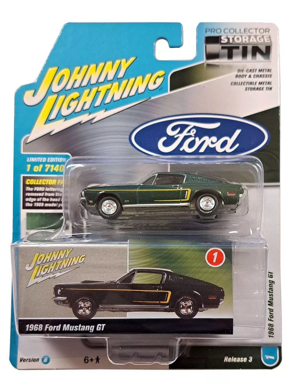 JOHNNY LIGHTNING 1/64 1968 FORD MUSTANG GT HIGHLAND GREEN POLY & TIN JLCT008