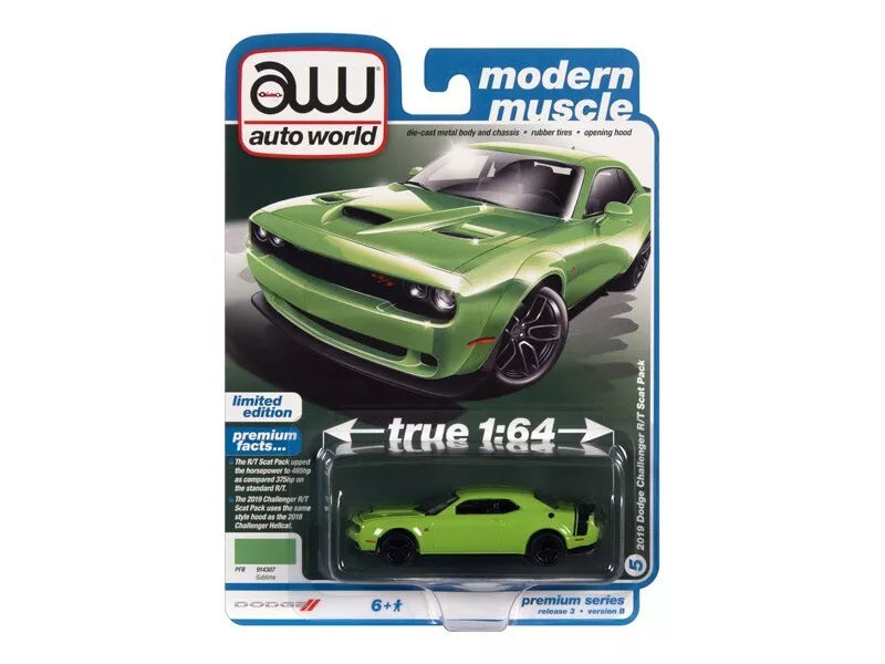 2019 Dodge Challenger R/T Scat Pack - Green 1:64 Scale Car - Auto World AW64372B