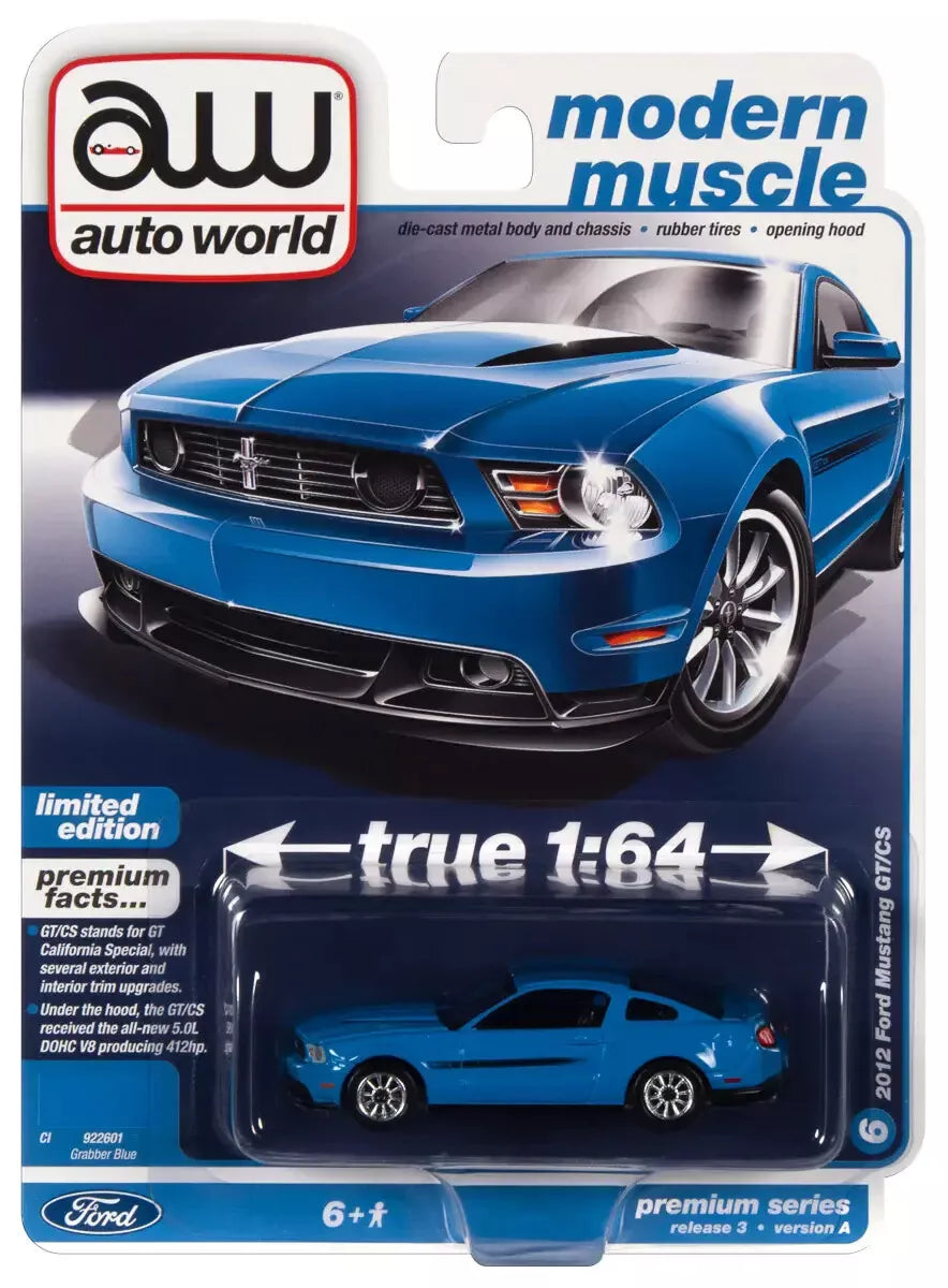 AWSP112A Auto World 2012 Mustang GT/CS Grabber Blue w/Black Hood Stripes & Black