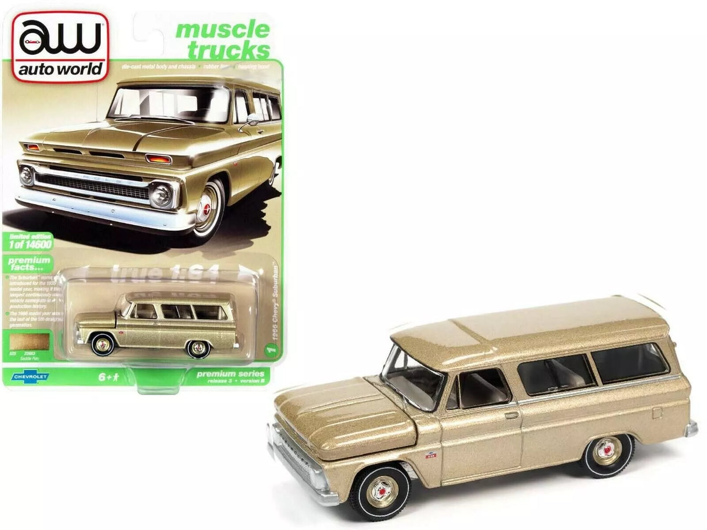 1966 CHEVROLET SUBURBAN SADDLE TAN 1/64 DIECAST MODEL AUTOWORLD 64322-AWSP073 B