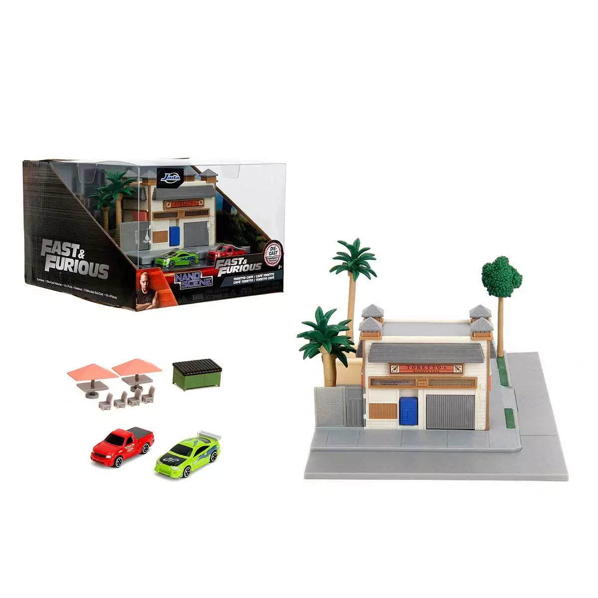 Jada Fast & Furious Nano Scene: Toretto Market/Café Diorama Set with Accessories