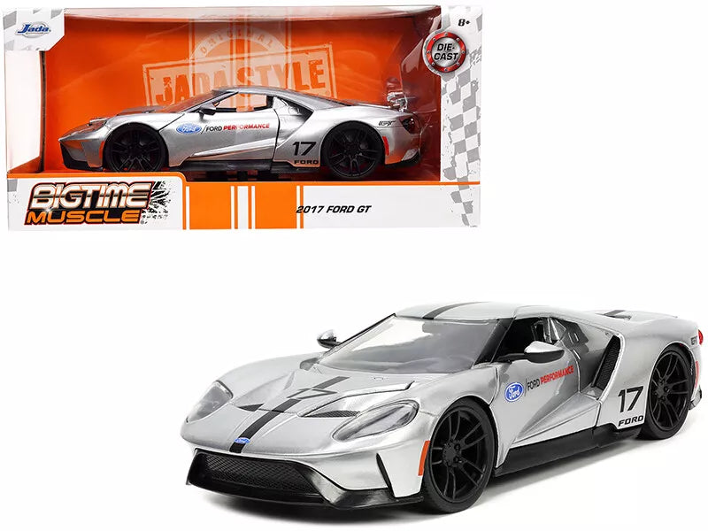 2017 Ford GT Silver Metallic Black Stripes Diecast Model Car Jada 1/24 BIGTIME MUSCLE