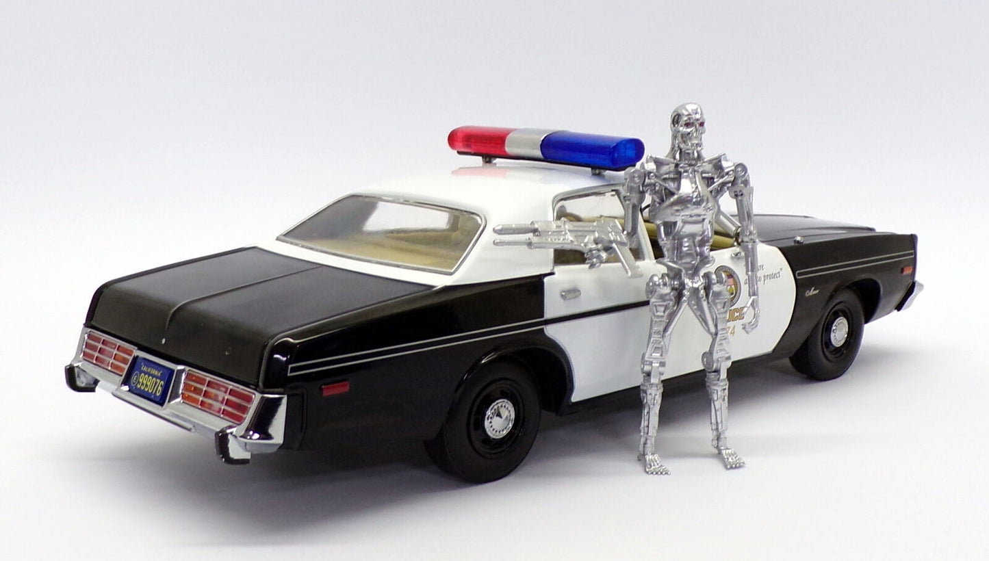 1977 Dodge Monaco Metropolitan Police with T-800 Endoskeleton Figurine "The Terminator" (1984) Movie 1/18 Diecast Model Car by Greenlight