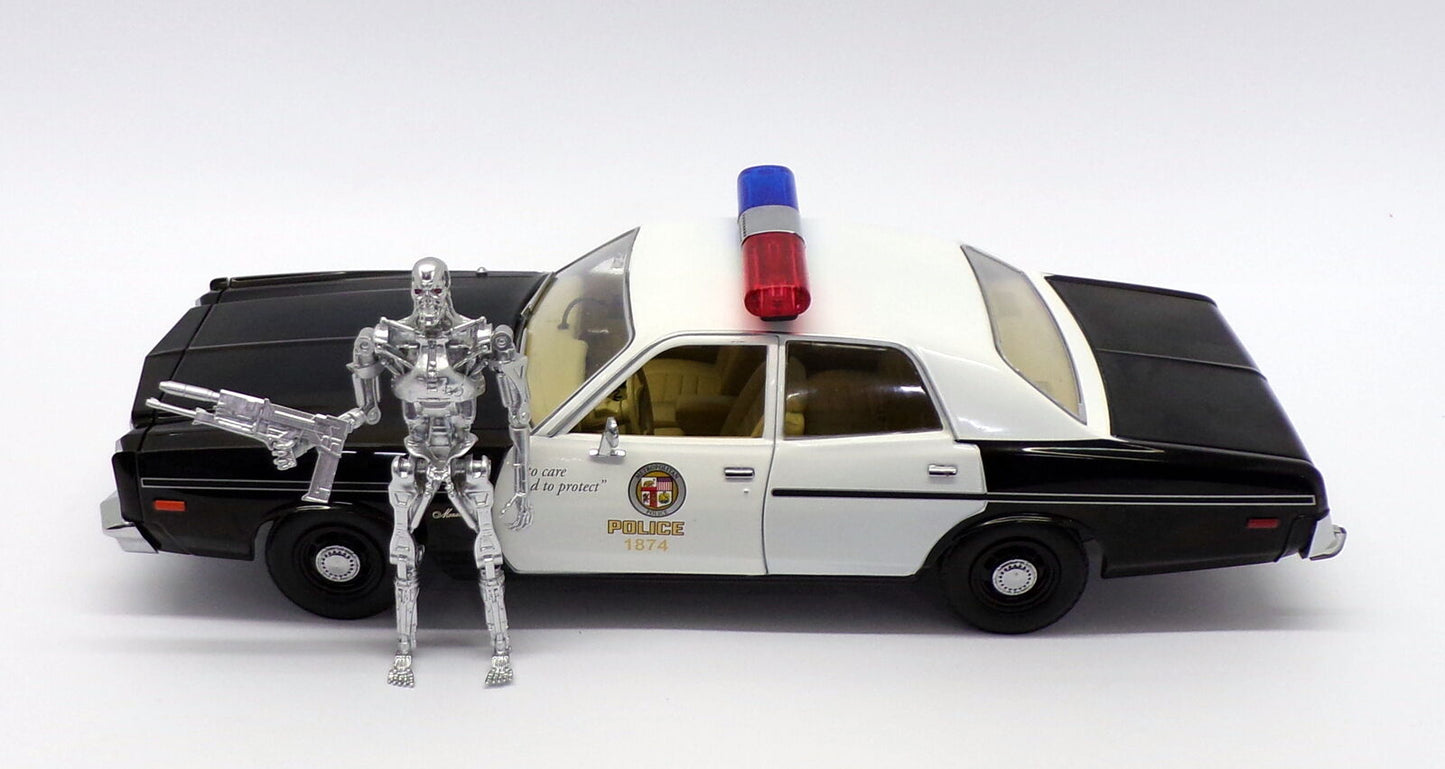 1977 Dodge Monaco Metropolitan Police with T-800 Endoskeleton Figurine "The Terminator" (1984) Movie 1/18 Diecast Model Car by Greenlight